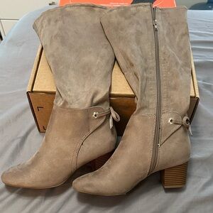 Charter Club Taupe Mid-Calf Block Heel Boots with Bow Detail
